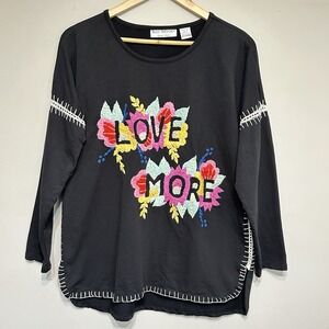 Bleu Bayou Embroidered Floral Tunic Womens S Black Love More Artsy Boho Casual